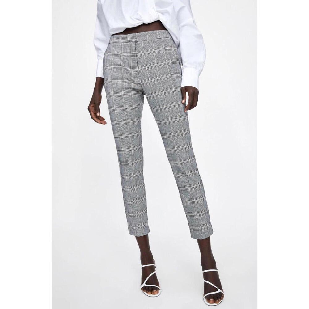 NWT Zara Basic Gray Checkered Plaid Trousers Elas… - image 1
